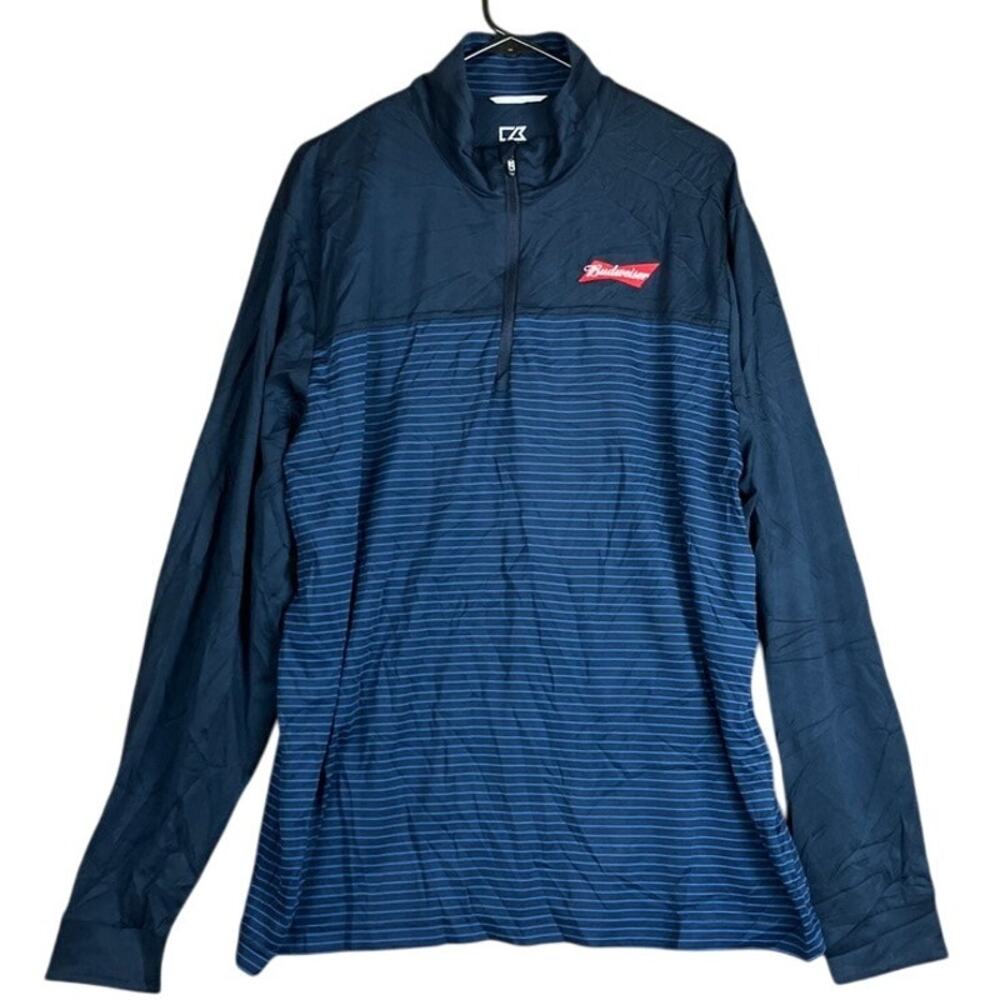 Cutter & Buck Men Jacket Navy Blue Budweiser 1/4 Zip DryTec 50+ SPF Stretch XL